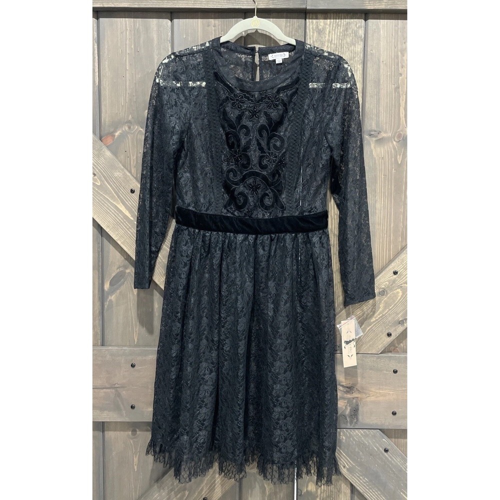 Anthropologie Nanette Lepore Black Lace Embroidered Beaded Fit Flare Dress Sz 4